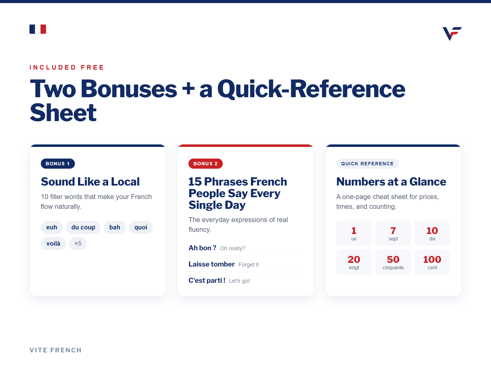 The kit extras: Sound Like a Local filler words, 15 everyday phrases, and the Numbers at a Glance cheat sheet